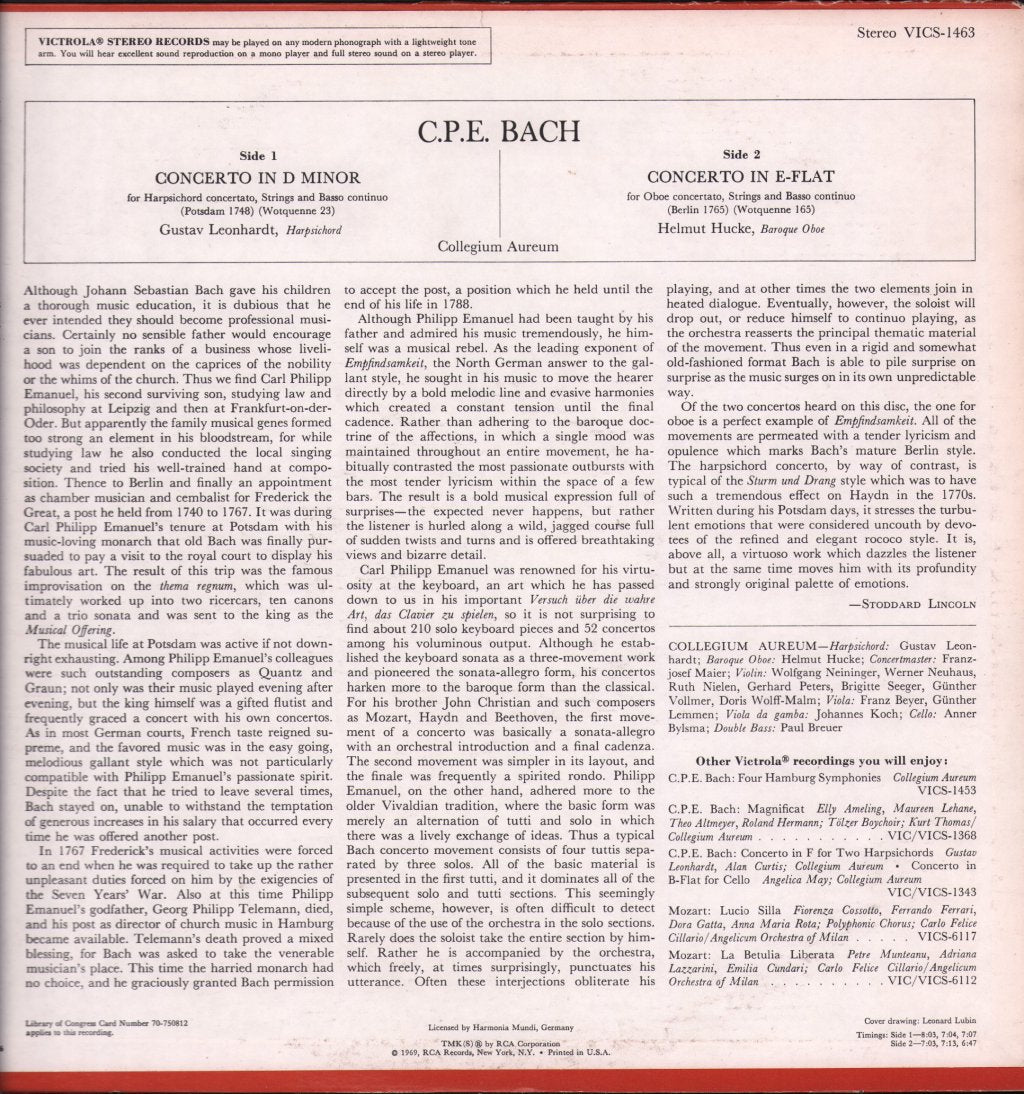 Collegium Aureum / Gustav Leonhardt / Helmut Hucke - C.P.E. Bach - Harpsichord Concerto in D Minor / Oboe Concerto in E-Flat - Lp