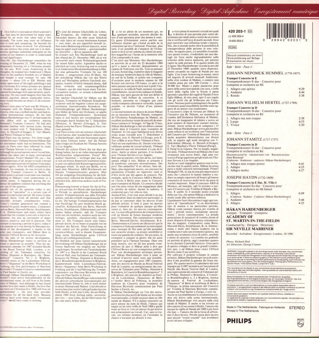 Hakan Hardenberger / Sir Neville Marriner / Academy Of St. Martin-in-the-Fields - Haydn / Hummel / Hertel / Stamitz Trumpet Concertos - First Recording - Lp