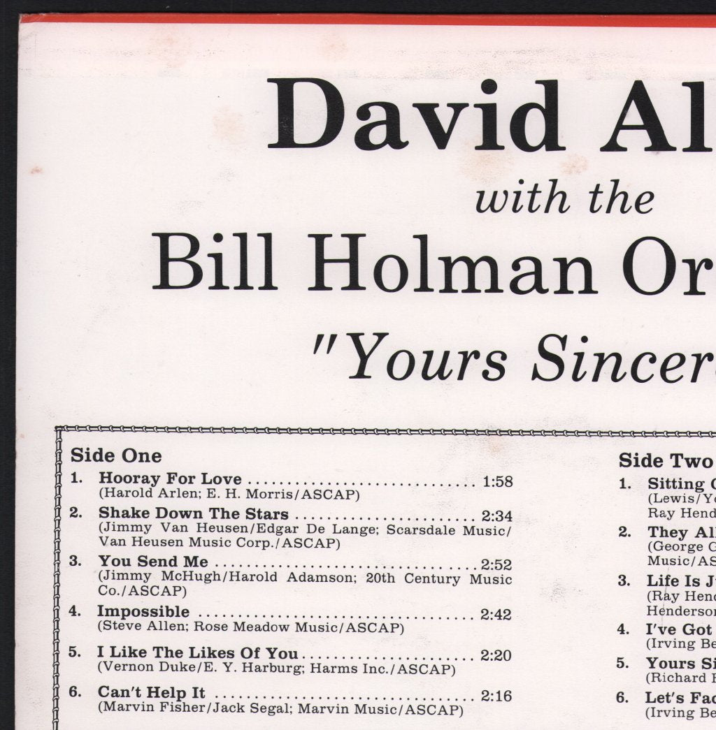 David Allyn With The Bill Holman Orchestra - Yours Sincerely - Lp