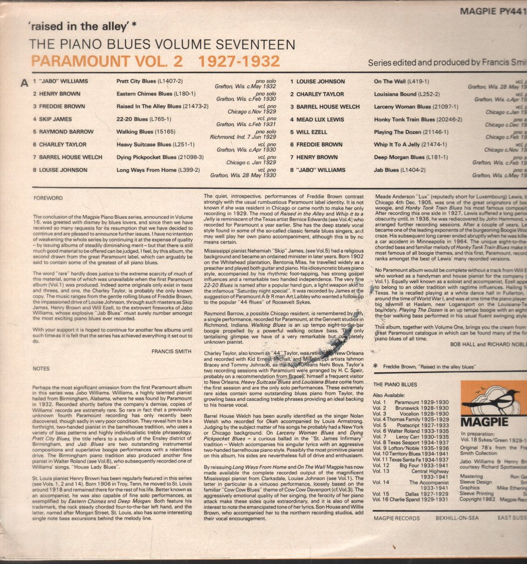 Piano Blues Volume 17 - Raised In The Alley Paramount Vol 2 1927 - 1932 - Lp