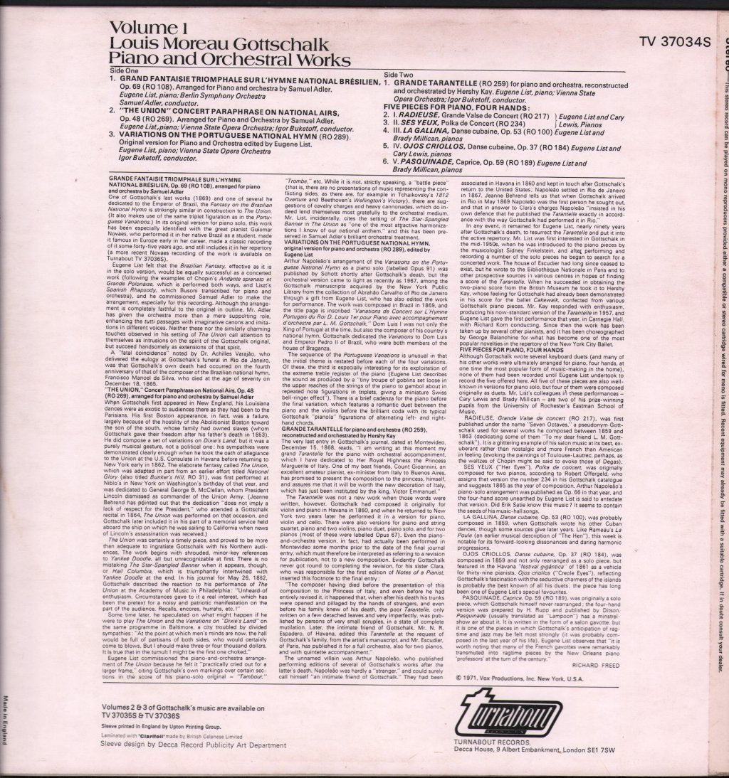 Eugene List / Igor Buketoff / Vienna State Opera Orchestra - Louis Moreau Gottschalk - Piano & Orchestral Works Volume 1 - Lp