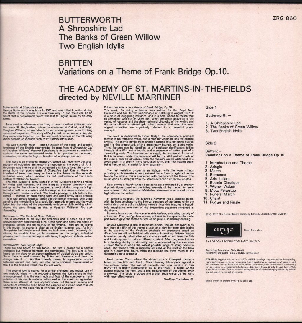 Neville Marriner / Academy Of St. Martin In The Fields - Butterworth - A Shropshire Lad / Britten - Variations on a theme of Frank Bridge - Lp