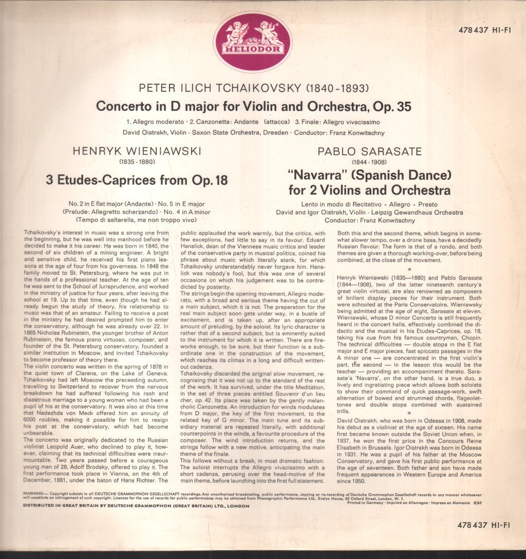 David Oistrakh / Franz Konwitschny / Saxon State Orchestra - Tchaikovsky - Violin Concerto In D / Three Etudes-Caprices / Navarra - Lp