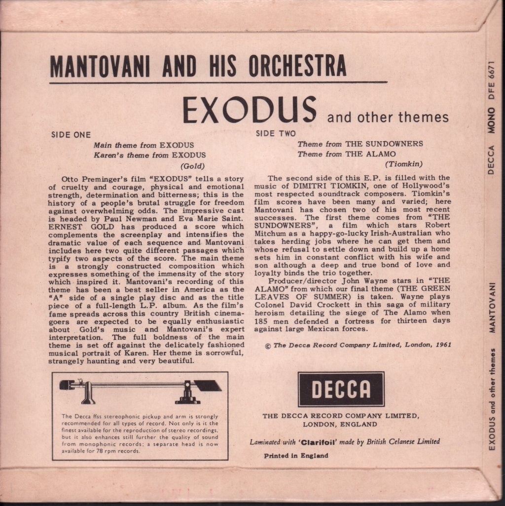 Mantovani - Plays The Theme From Exodus And Other Themes - 7 Inch