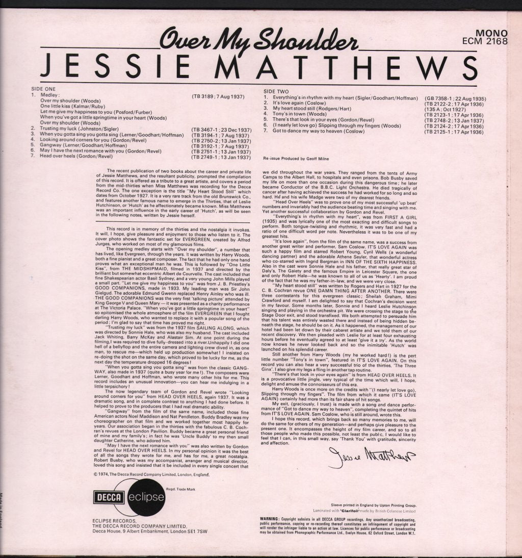 Jessie Matthews - Over My Shoulder - Lp