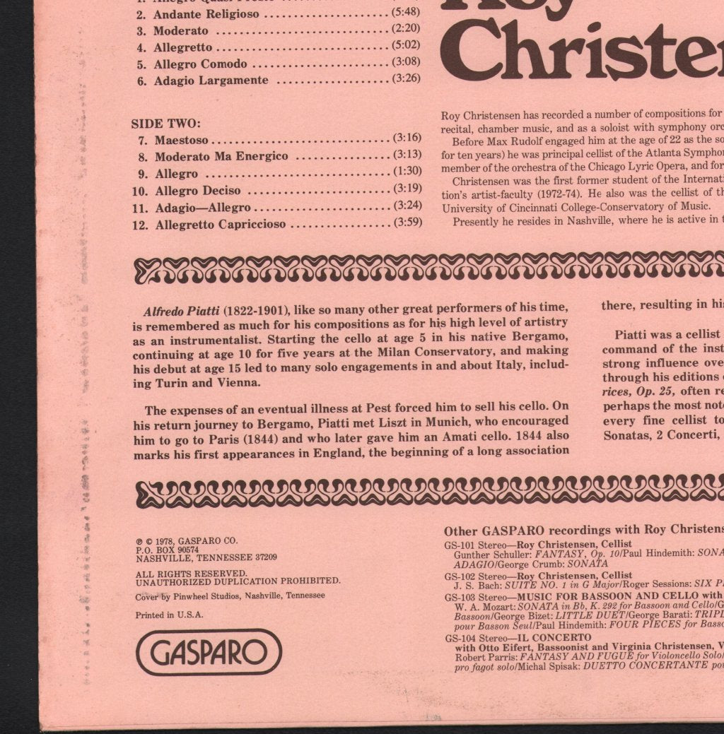 Roy Christensen - Alfredo Piatti - 12 Caprices, Op.25 - Lp