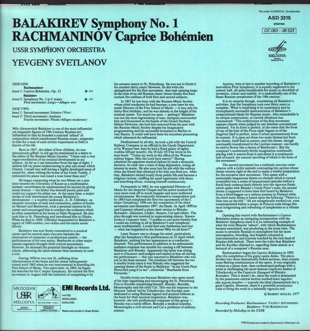 USSR Symphony Orchestra / Yevgeny Svetlanov - Balakirev - Symphony No. 1 / Rachmaninov - Caprice Bohémien - Lp