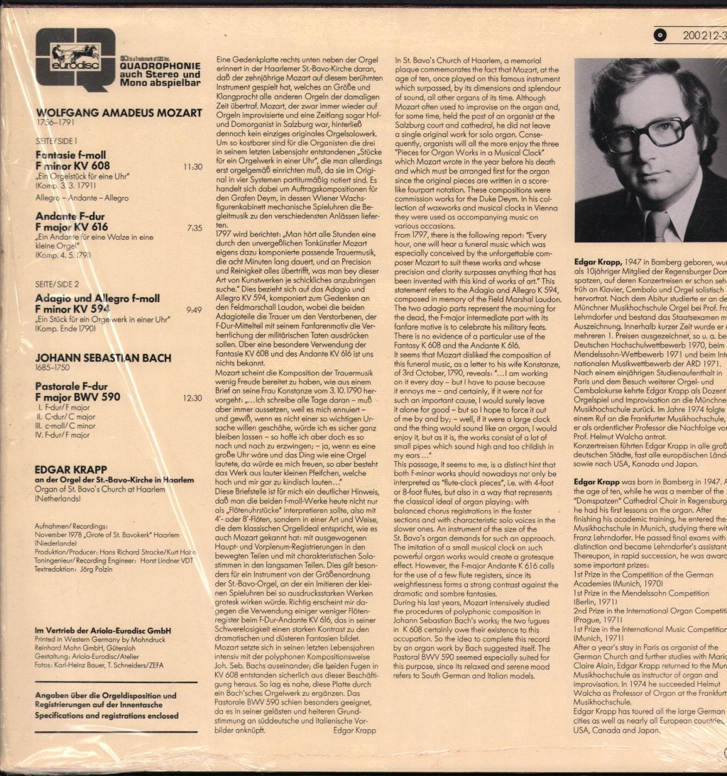 Edgar Krapp - Wolfgang Amadeus Mozart - Fantasie f-moll/Minor KV 608 / Johann Sebastian Bach - Pastorale F-dur/Major BWV 590 - Lp