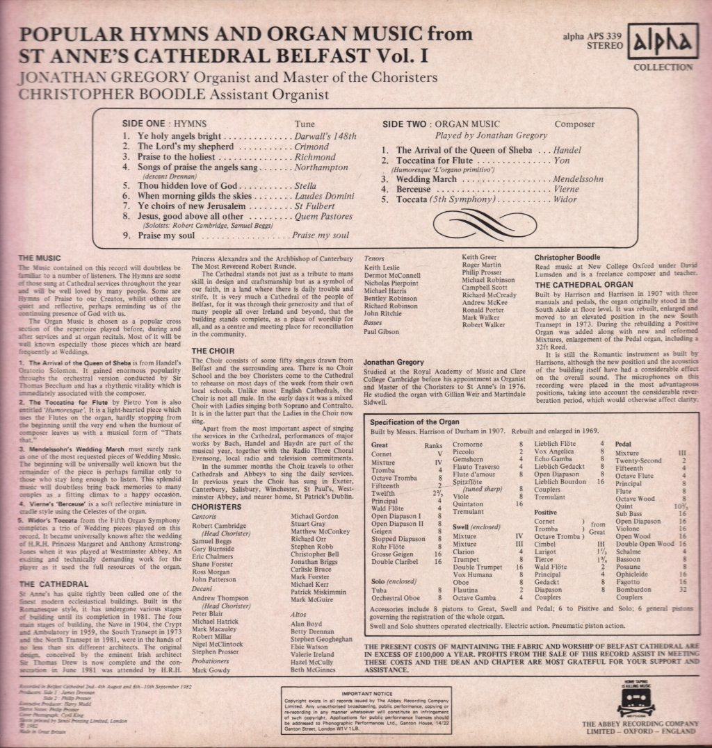 st anne's cathedral belfast - popular hymns and organ music vol 1 - Lp
