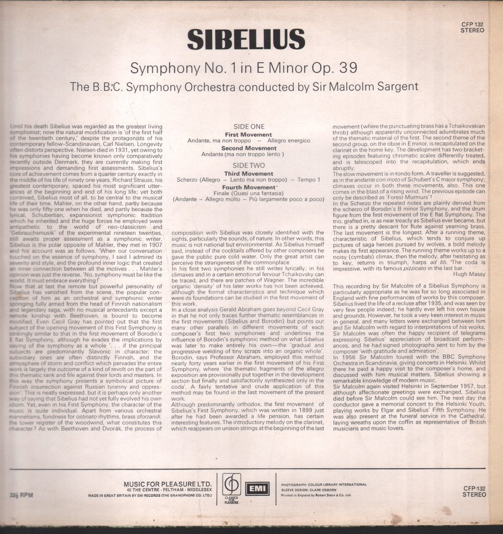 Sir Malcolm Sargent / BBC Symphony Orchestra - Sibelius - Symphony No.1 - Lp