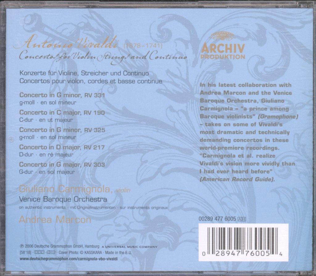 Giuliano Carmignola, Venice Baroque Orchestra, Andrea Marcon - Vivaldi - Concertos For Violin, Strings And Continuo - Cd
