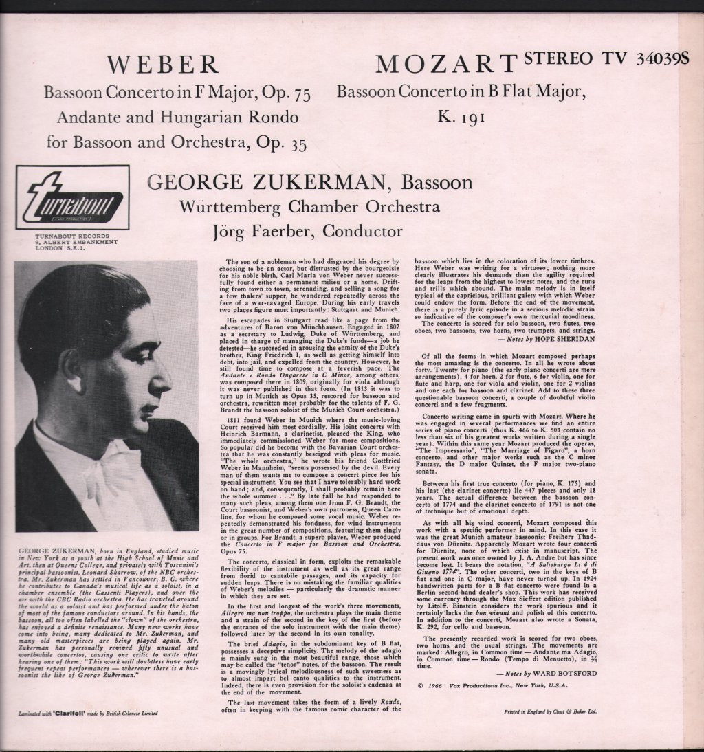 G. Zukerman / Jorg Faerber / Wurttemberg Chamber Orchestra - Mozart / Weber - Bassoon Concerti - Lp