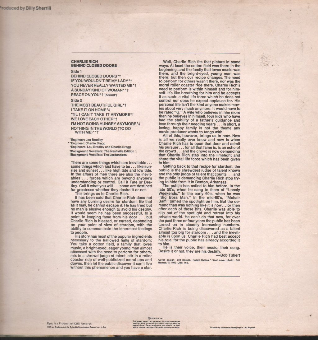 Charlie Rich - Behind Closed Doors - Lp