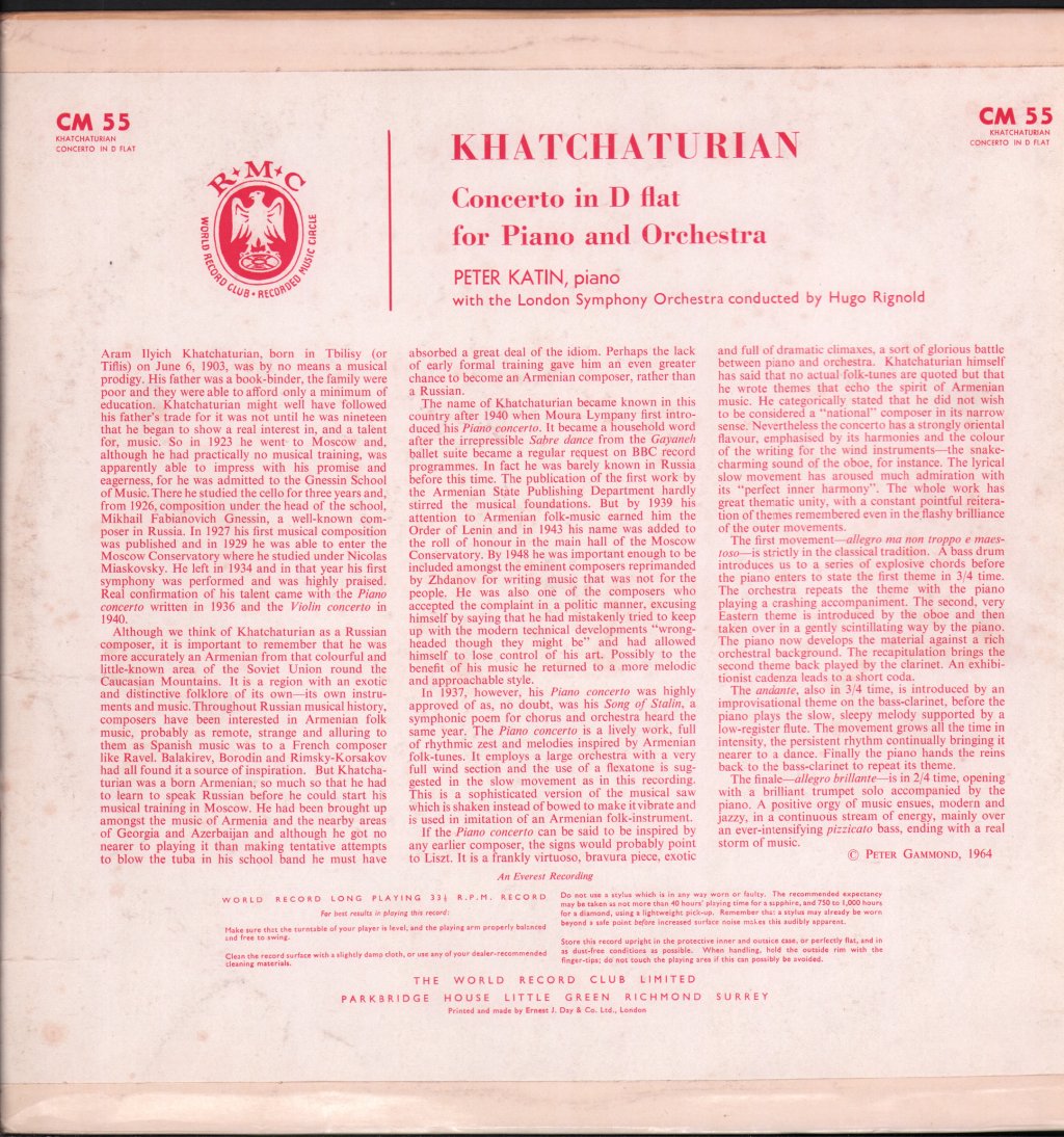 Peter Katin / London Symphony Orchestra / Hugo Rignold - Khatchaturian - Concerto In D Flat For Piano And Orchestra - Lp
