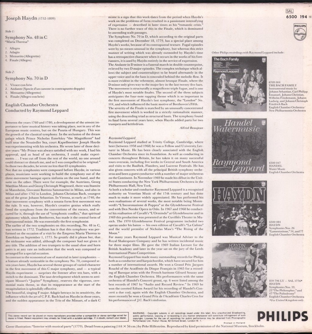 Raymond Leppard / English Chamber Orchestra - Haydn - Symphonies No. 48 "Maria Theresa" And No. 70 - Lp