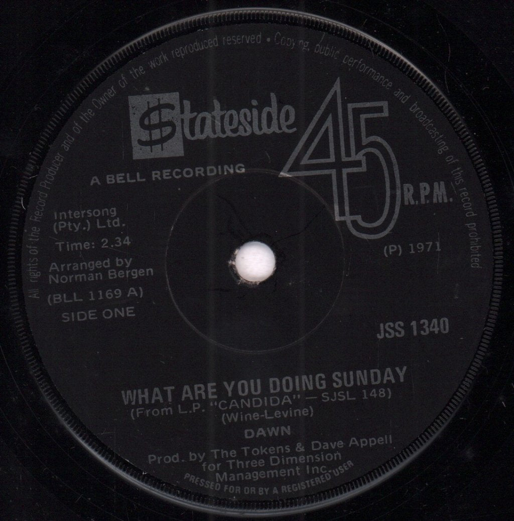 Dawn (70'S Artist) - What Are You Doing Sunday - 7 Inch