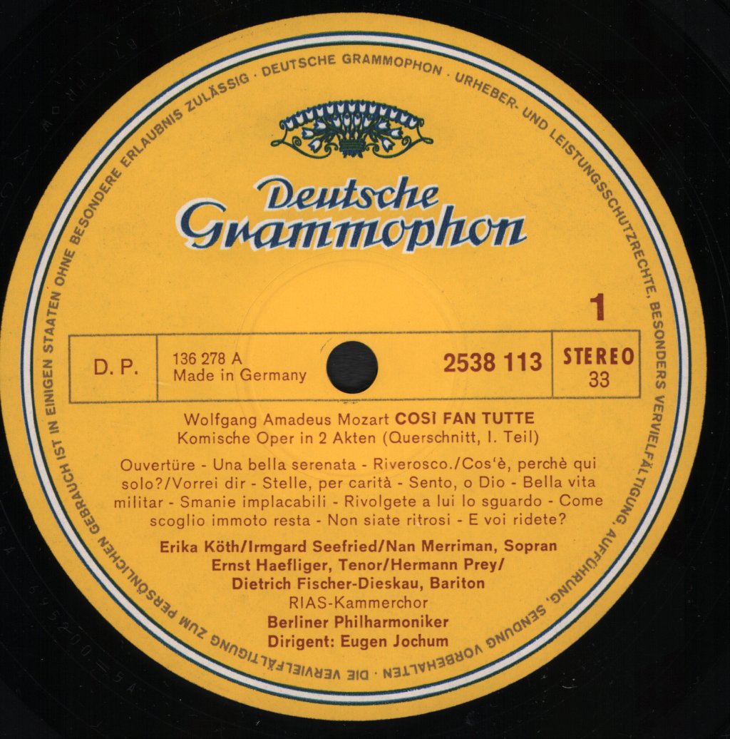 Coro da Camera RIAS / Orchestra Filarmonica di Berlino / Eugen Jochum - W.A. Mozart - Così fan tutte - Lp