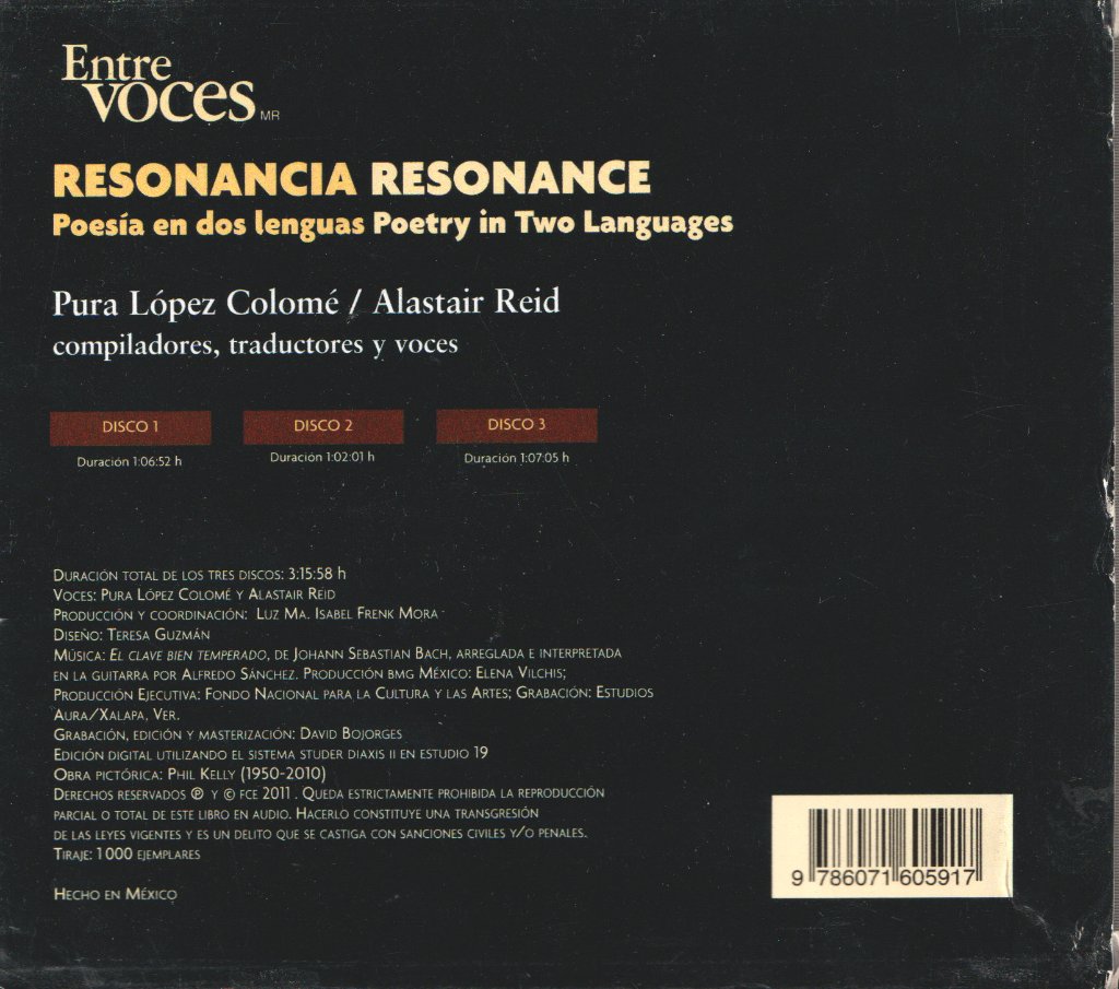 Pura López Colomé / Alastair Reid - Resonancia/Resonance - Poetry in Two Languages - Cd Set