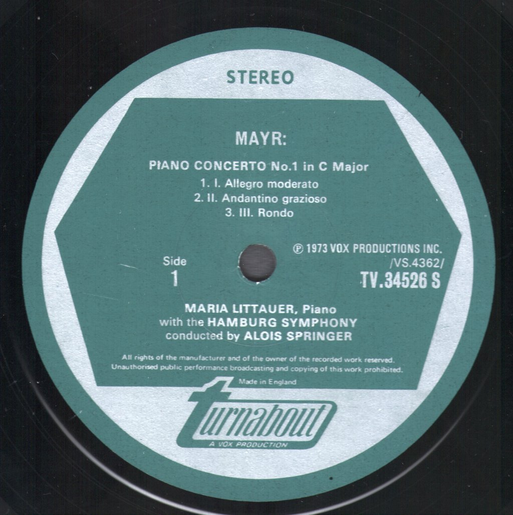 Maria Littauer / Hamburg Symphony / Alois Springer - J.S. Mayr - Piano Concerto No. 1 In C Major / F. Ries - Piano Concerto In C Sharp Minor - Lp