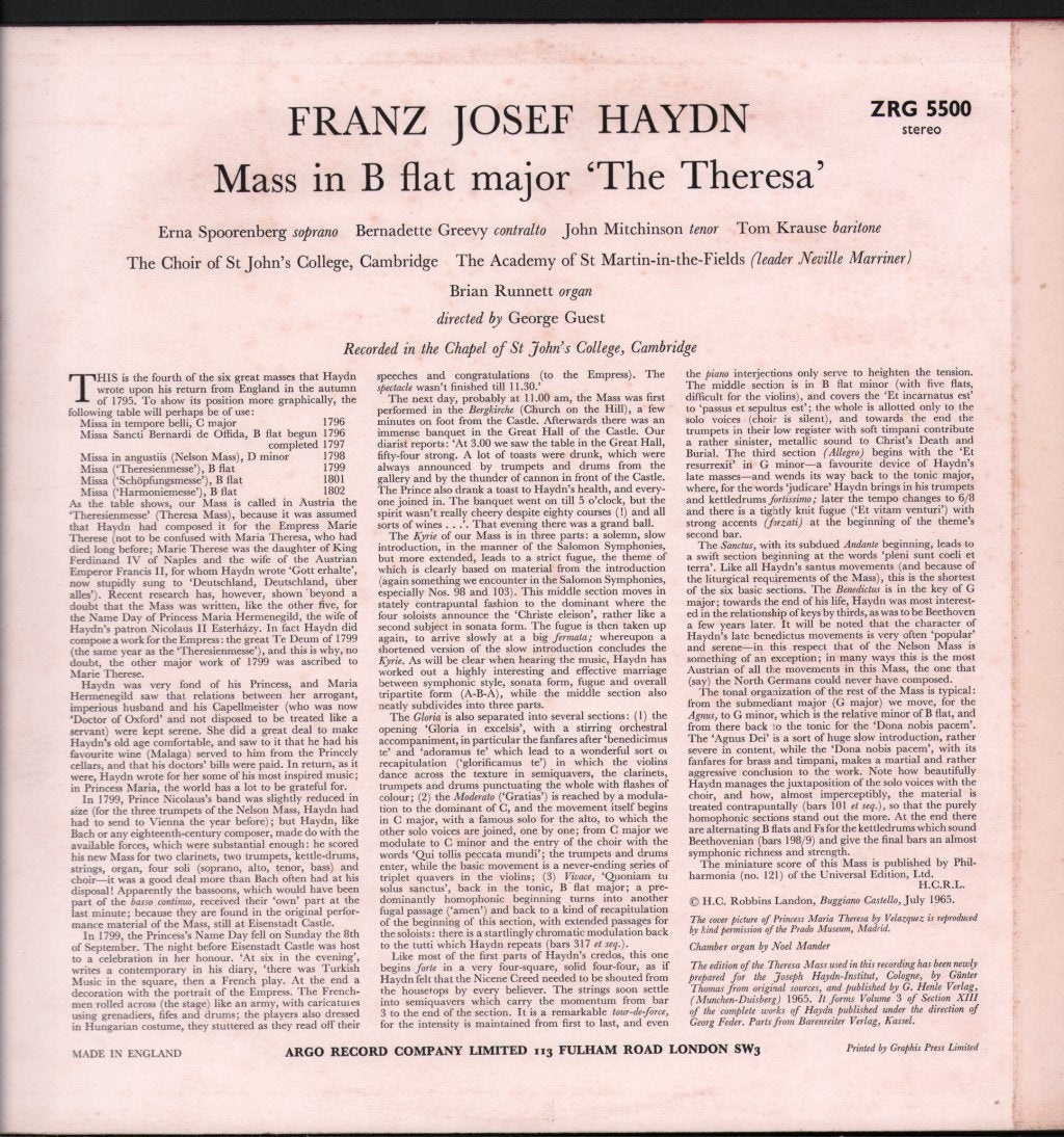 Erna Spoorenberg / Bernadette Greevy / John Mitchinson / Tom Krause / Academy Of St. Martin-in-the-Fields / George Guest - Haydn - Theresa Mass - Lp