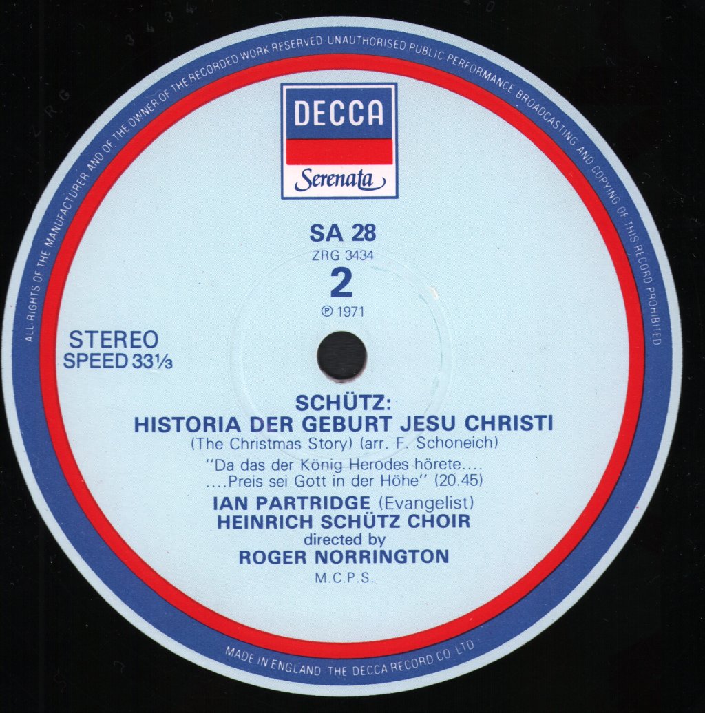 Ian Partridge / Heinrich Schutz Choir / Roger Norrington - Heinrich Schutz - Historia Der Geburt Jesu Christi / Christmas Story - Lp