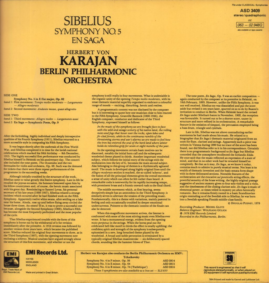 Berlin Philharmonic Orchestra - sibelius Symphony No. 5 / En Saga - Lp
