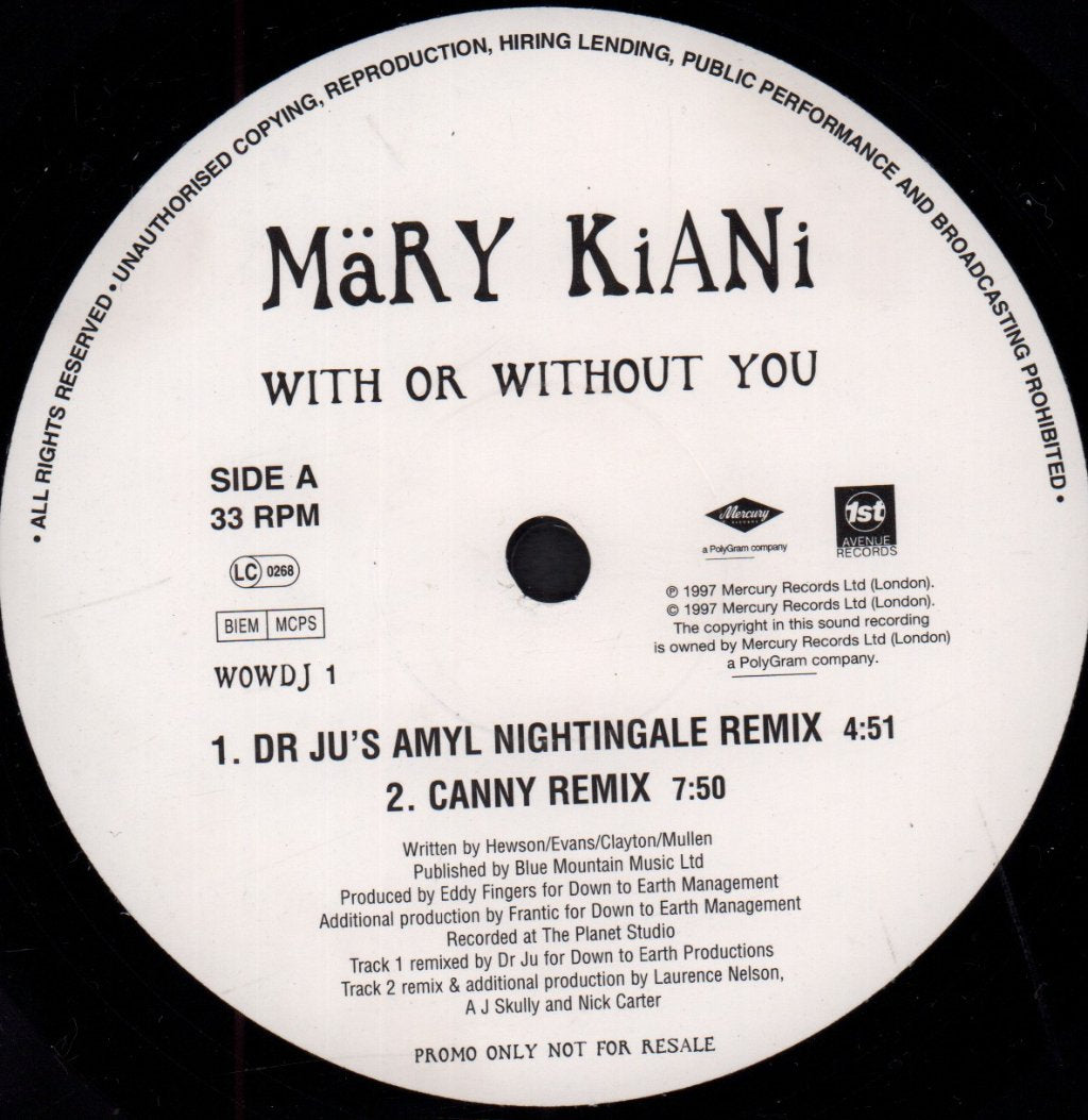 Mary Kiani - With Or Without You - 12 Inch