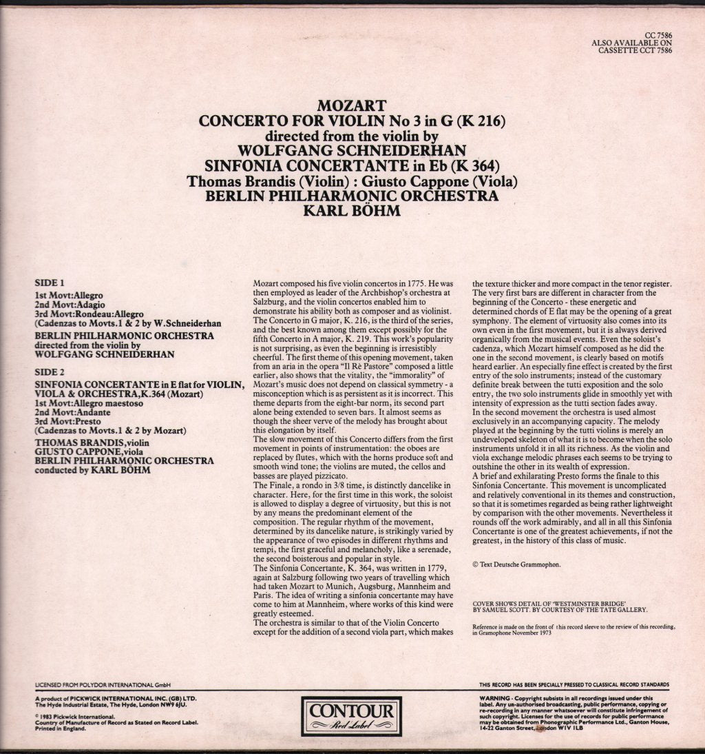Wolfgang Schneiderhan / Thomas Brandis / Giusto Cappone / Karl Bohm - Mozart Violin Concerto / Sinfonia Concertante In Eb - Lp