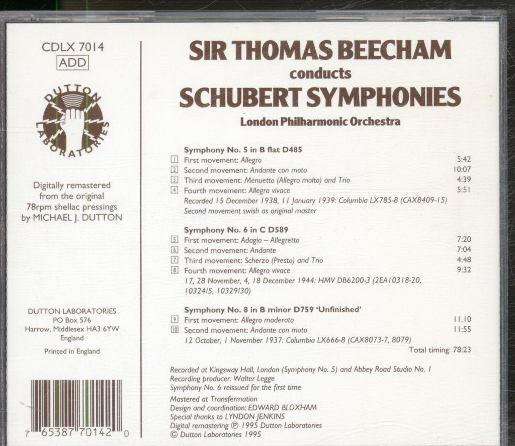 Thomas Beecham, London Philharmonic Orchestra - Beecham Conducts Schubert Symphonies: No. 5 In B Flat, No. 6 In C, No. 8 In B Minor 'Unfinished' - Cd