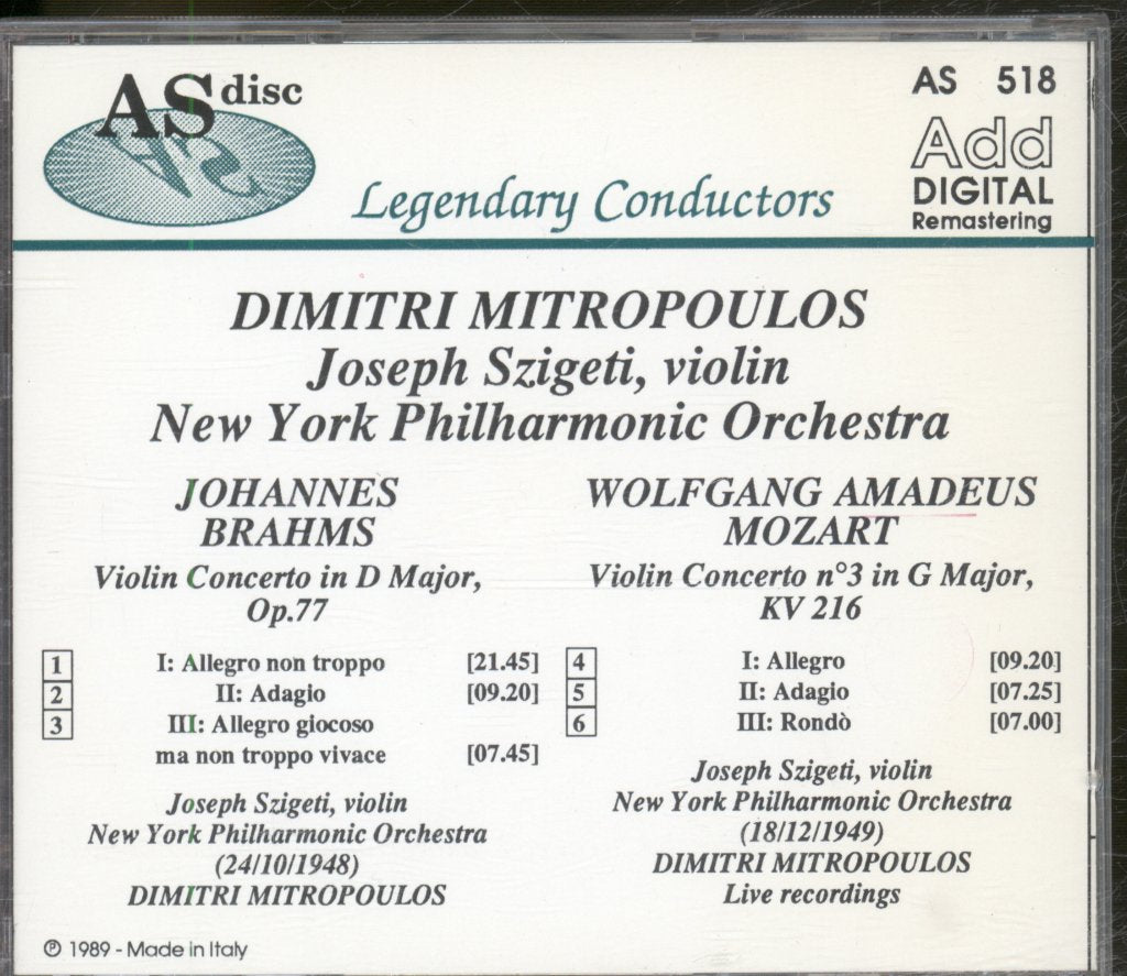 Dimitri Mitropoulos, Joseph Szigeti, New York Philharmonic Orchestra - Brahms / Mozart - Violin Concerto In D Major, Op.77 / Violin Concerto N°3 In G Major, KV 216 - Cd