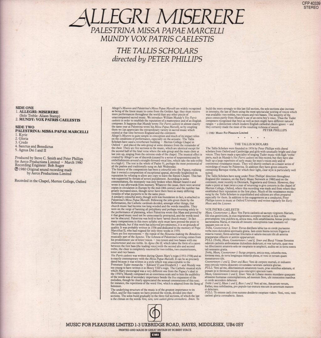 Tallis Scholars / Peter Phillips - Allegri - Miserere / Palestrina - Missa Papae Marcelli - Lp
