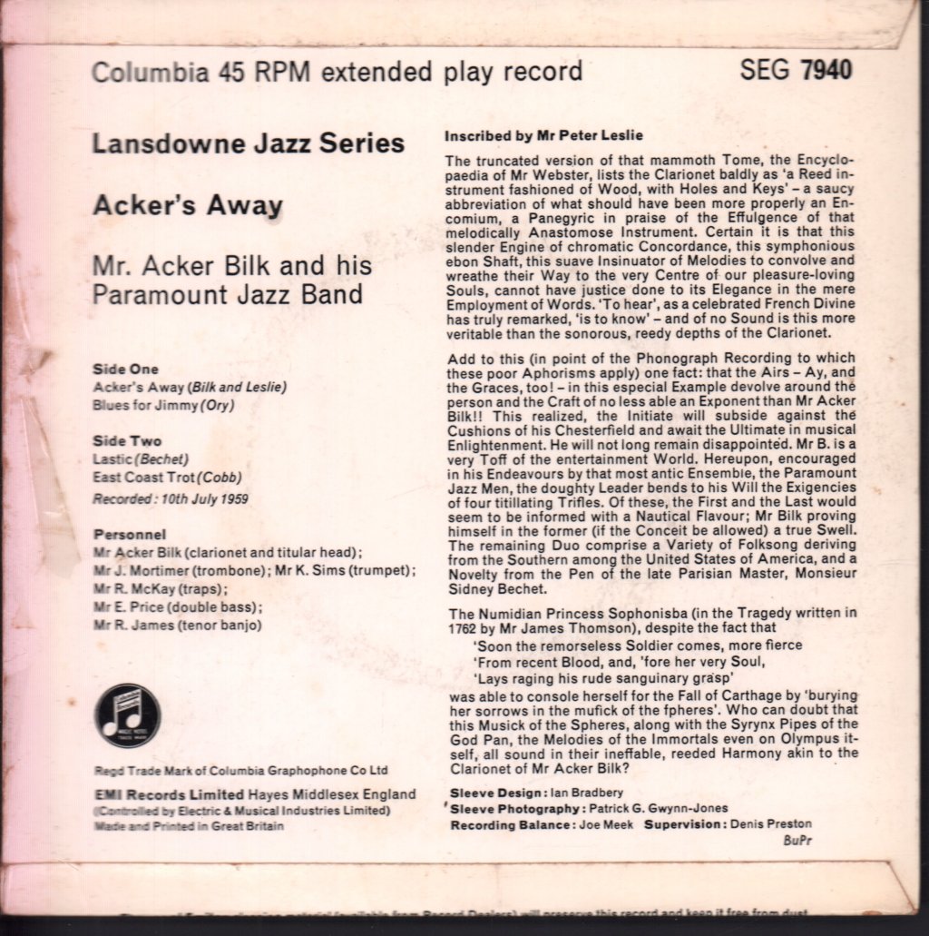 Acker Bilk And His Paramount Jazz Band - Acker's Away - 7 Inch