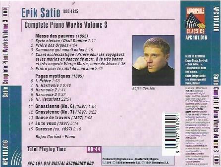 Erik Satie Bojan Gorisek - Complete Piano Works Volume 3 - Cd