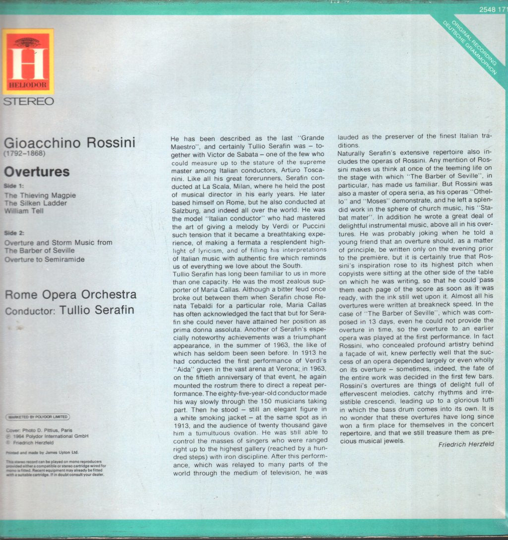 Tullio Serafin / Rome Opera Orchestra - Rossini - Overtures - Lp