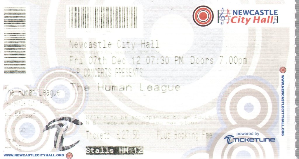 Human League - Newcastle City Hall 7th December 2012 - Ticket