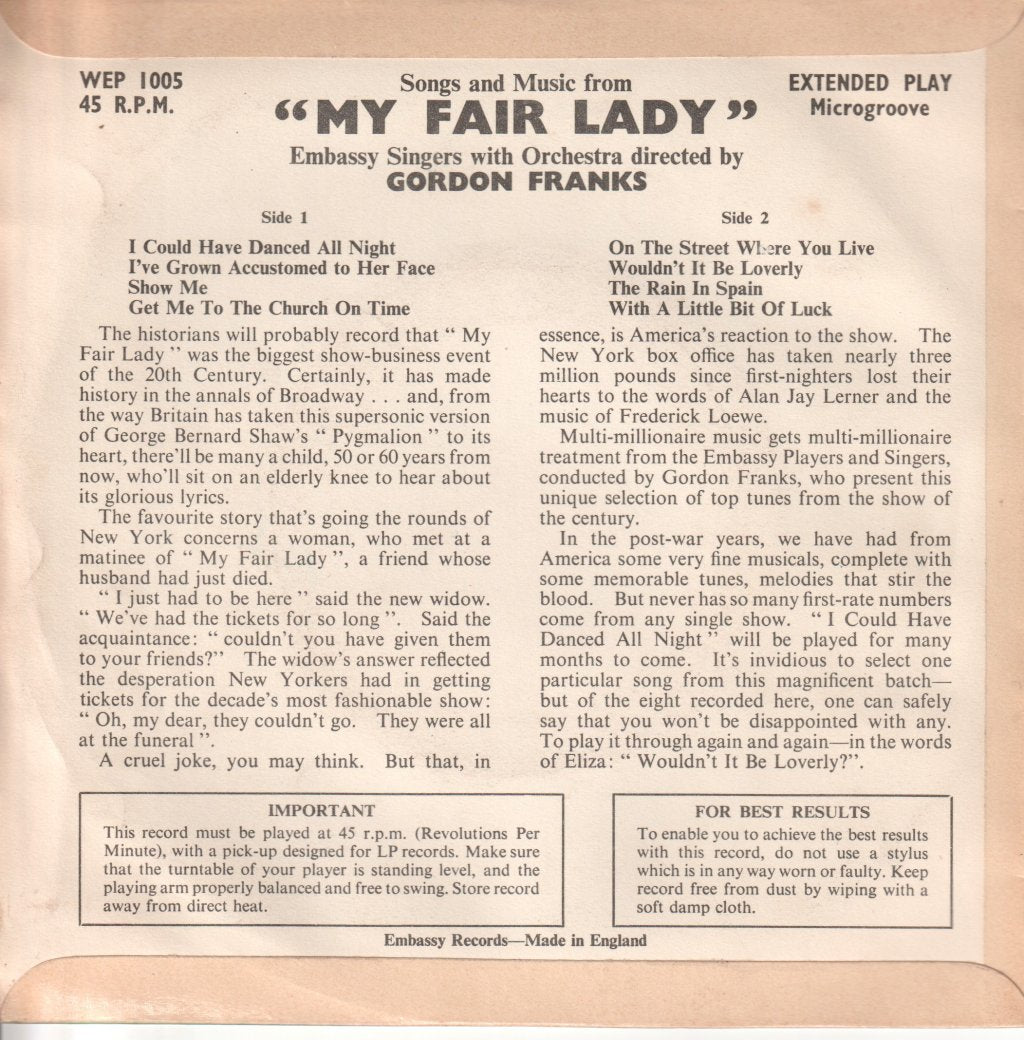 EMBASSY SINGERS AND ORCHESTRA - Songs AND Music From My Fair Lady - 7 Inch