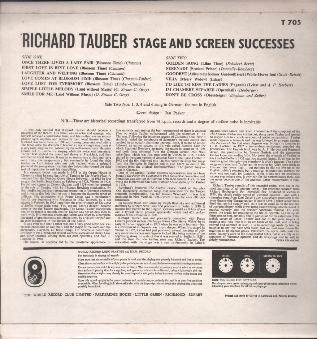 Richard Tauber - Stage & Screen Successes - Lp