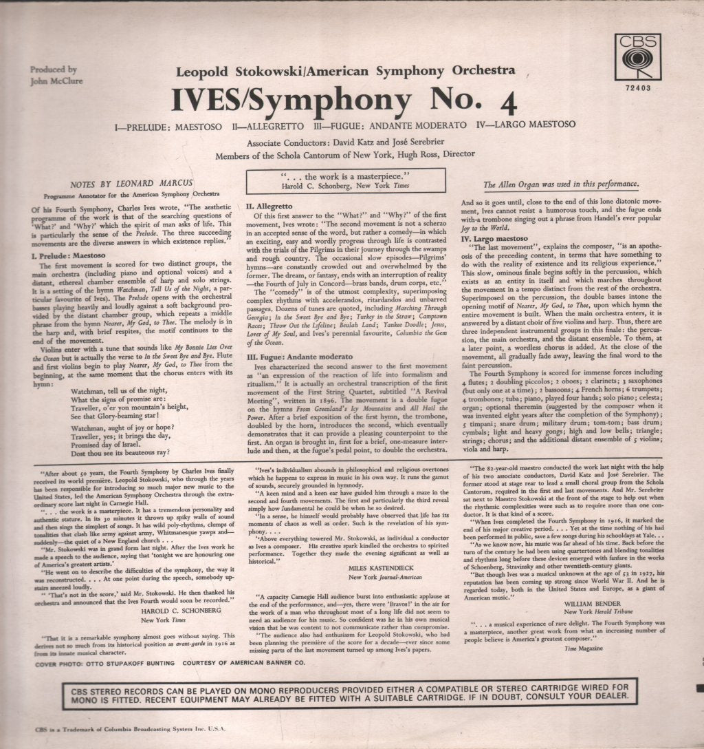 Leopold Stokowski / American Symphony Orchestra - Ives - Symphony No. 4 - Lp