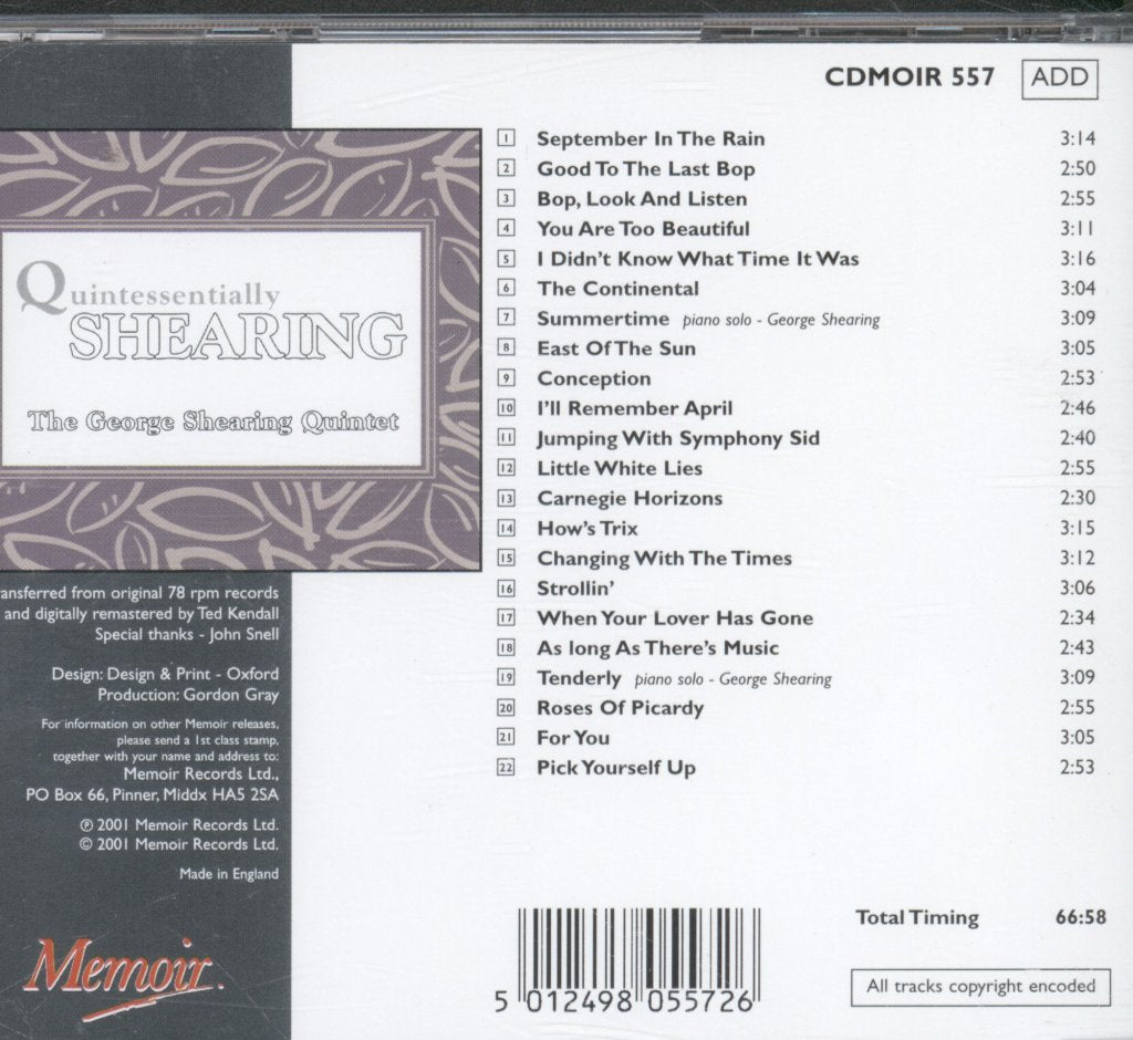 George Shearing Quintet - Quintessentially Shearing - Cd