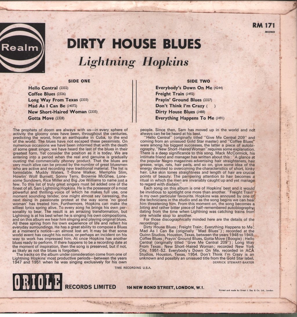 Lightnin' Hopkins - Dirty House Blues - Lp