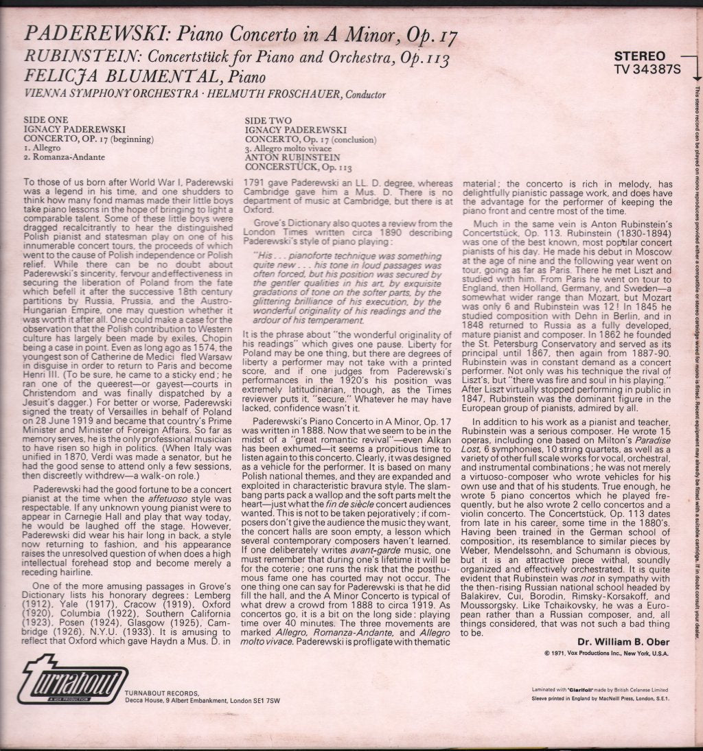 Felicja Blumental / Vienna Symphony Orchestra / Helmuth Froschauer - Paderewski - Piano Concerto In A Minor, Op. 17 / Rubinstein - Concertstück For Piano And Orchestra, Op. 113 - Lp