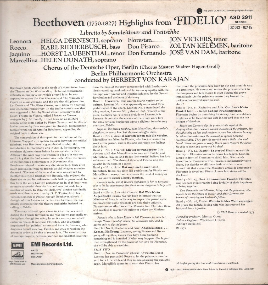 Helga Dernesch / Jon Vickers / Karl Ridderbusch / Herbert Von Karajan - Beethoven - Fidelio Highlights - Lp