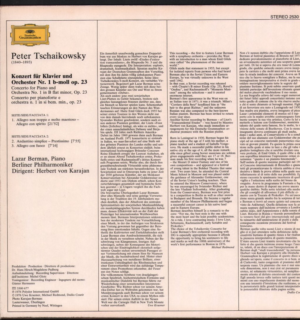 Herbert Von Karajan / Lazar Berman - Tschaikowsky Piano Concerto - Lp