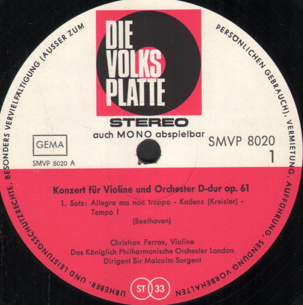 Christian Ferras / Sir Malcolm Sargent - Beethoven - Violinkonzert D-Dur Op. 61 - Lp