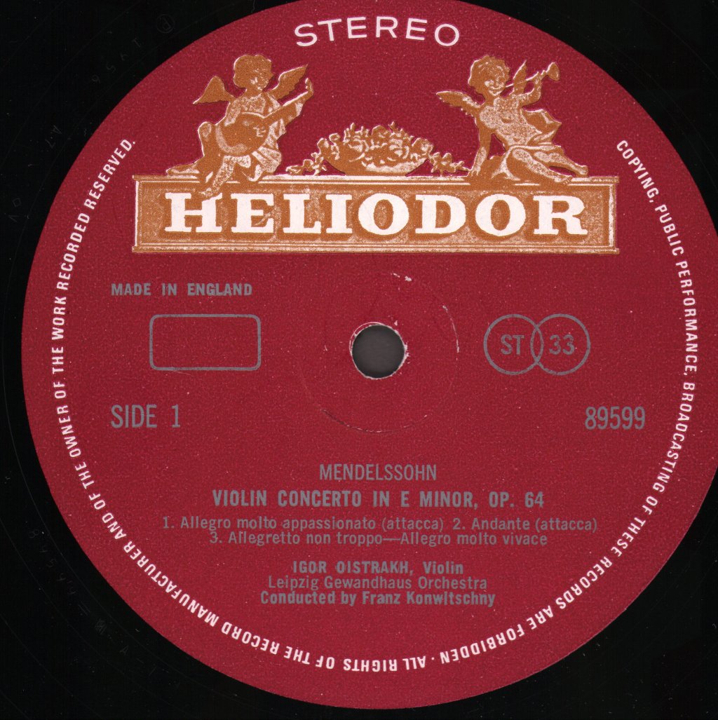 Igor Oistrakh / Leipzig Gewandhaus Orchestra / Franz Konwitschny - Mendelssohn - Violin Concerto In E Minor / Beethoven - Romances Nos. 1 And 2 - Lp