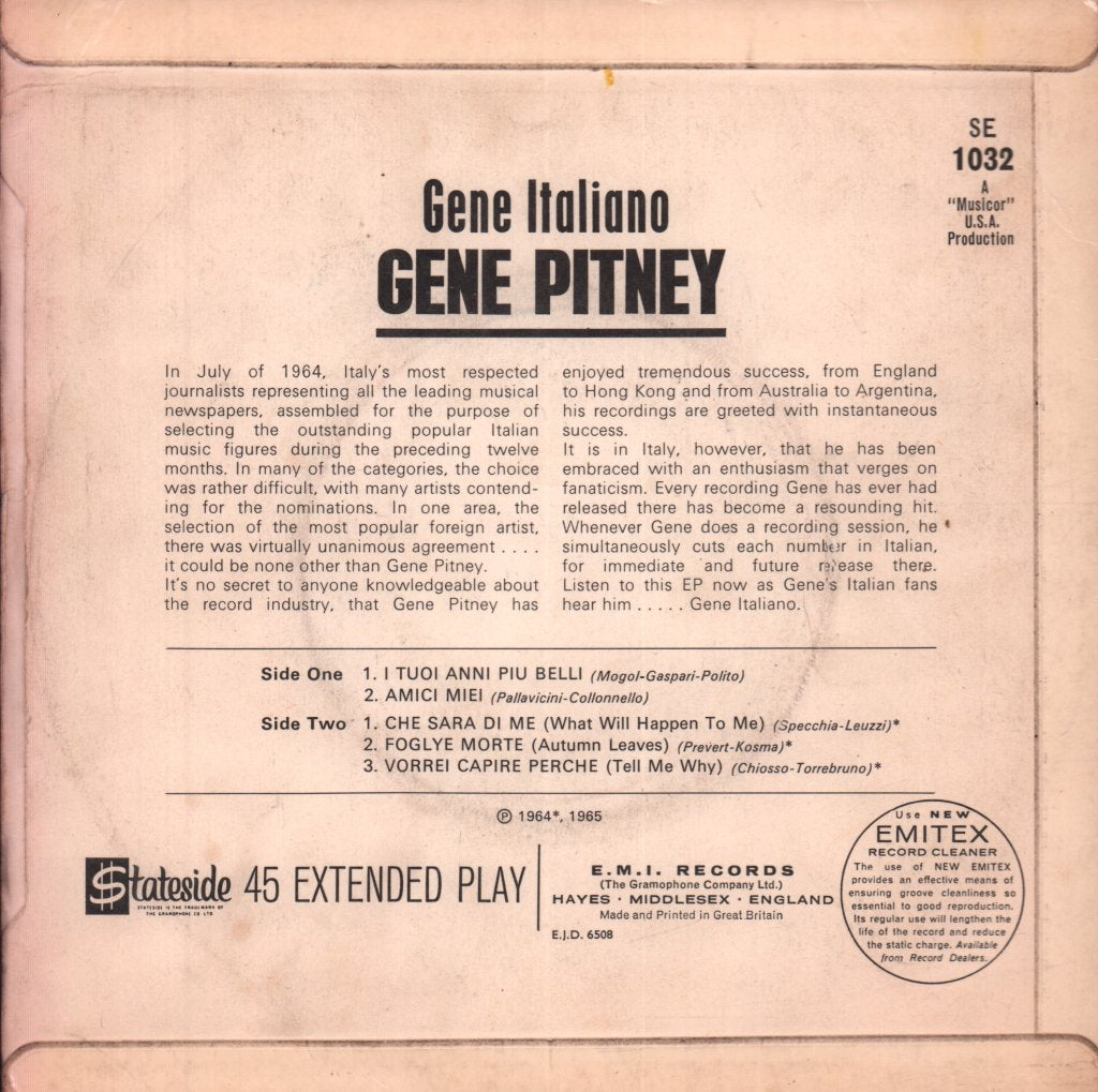 Gene Pitney - Gene Italiano - 7 Inch