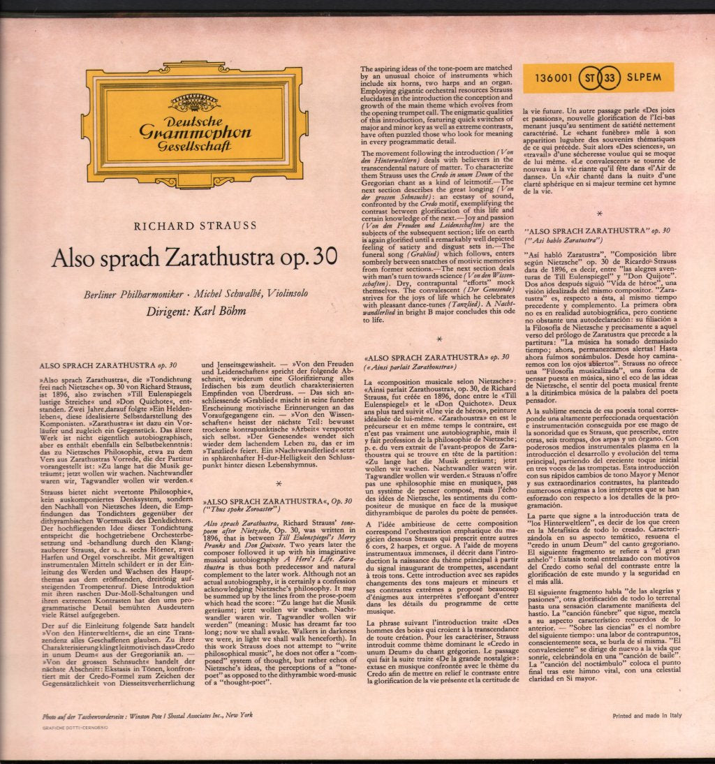 Karl Bohm / Berliner Philharmoniker - R. Strauss - Also Sprach Zarathustra, Op. 30 - Lp