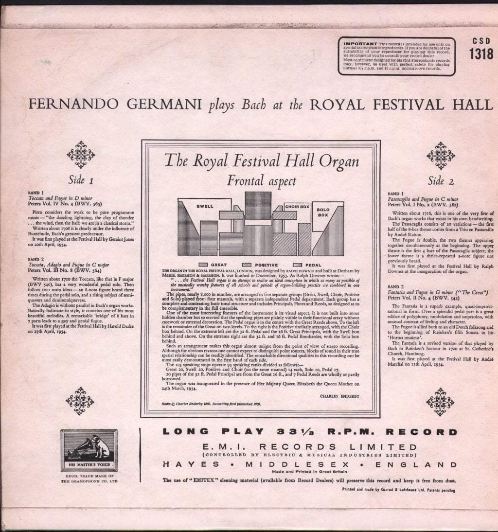 Fernando Germani - Plays Bach At The Royal Festival Hall - Lp