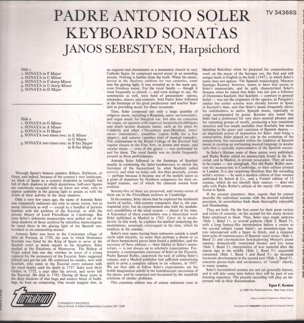 Janos Sebestyen - Soler Keyboard Sonatas - Lp