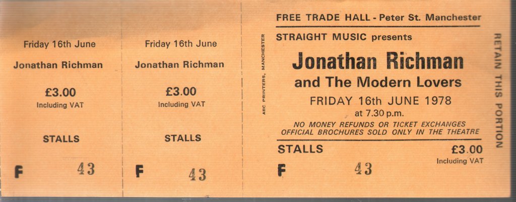 Jonathan Richman And The Modern Lovers - Free Trade Hall Manchester 16Th June 1978 - Ticket